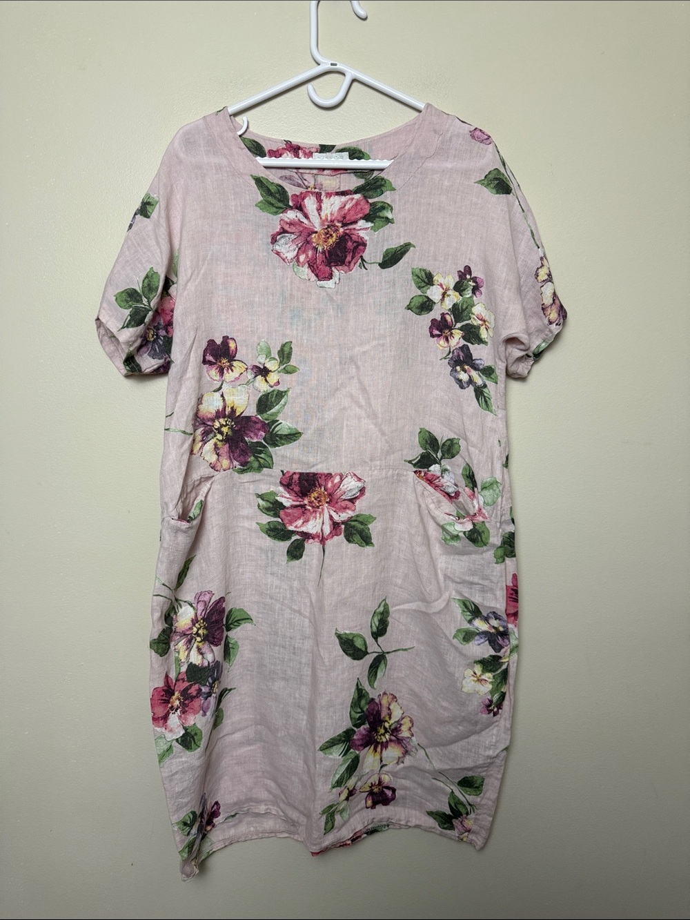 Made in italy linen Women's Pink Floral Linen Blend Shift Dress size L